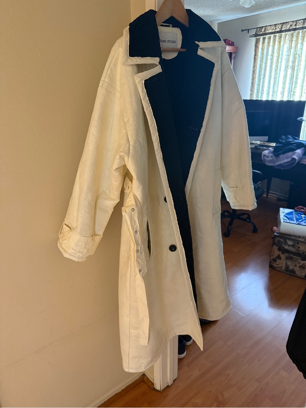 Stand Studio women White Long Coat with Black Sherpa Lining